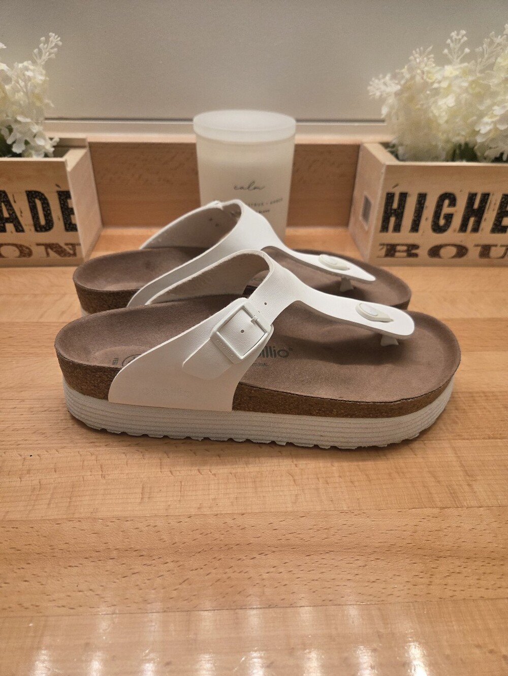 Birkenstock Papillio Gizeh Platform Vegan Sandals White Birko-Flor Womens Sz 39
